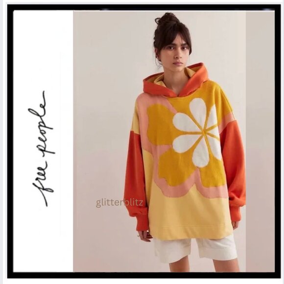 NWT Free People Clover Sweatshirt in Orange Combo XL - Picture 1 of 5